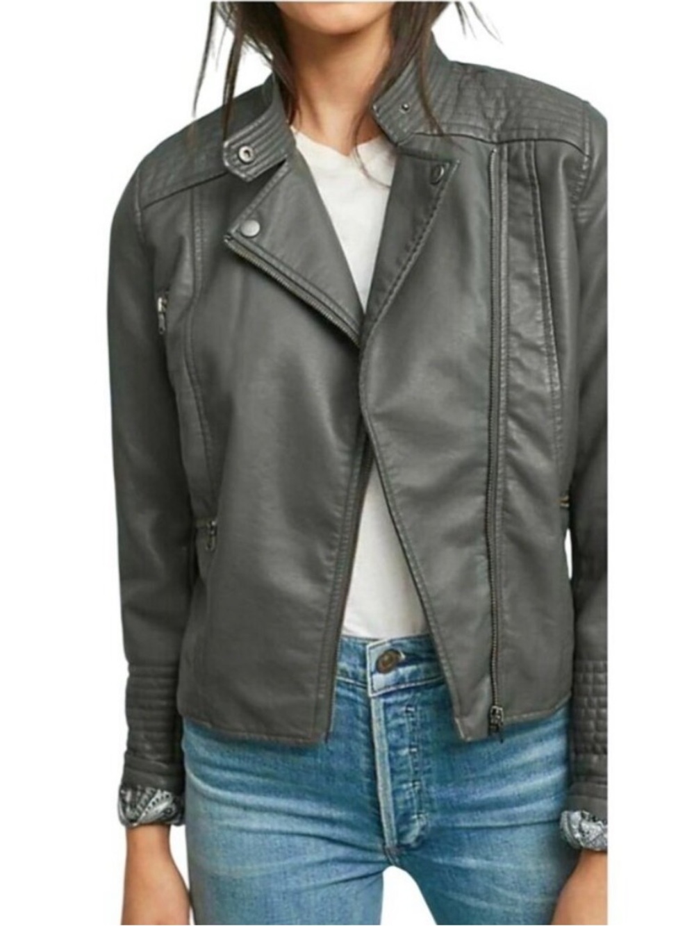 Anthropologie Ett:Twa Gray Vegan Leather Cropped Moto Jacket